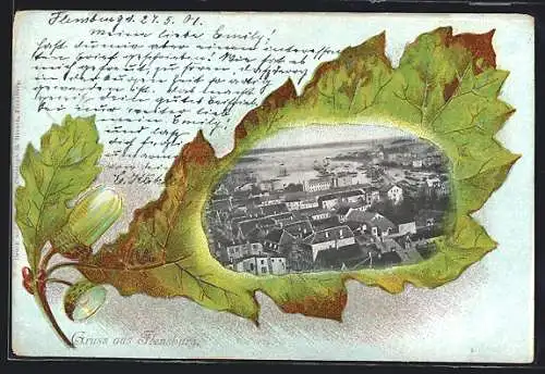 Passepartout-Lithographie Flensburg, Teilansicht im Eichenblatt