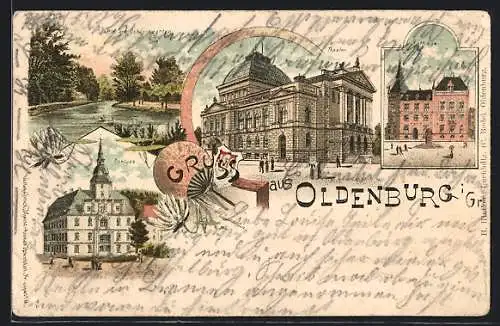 Lithographie Oldenburg / Oldenburg, Schloss, Theater und Rathaus