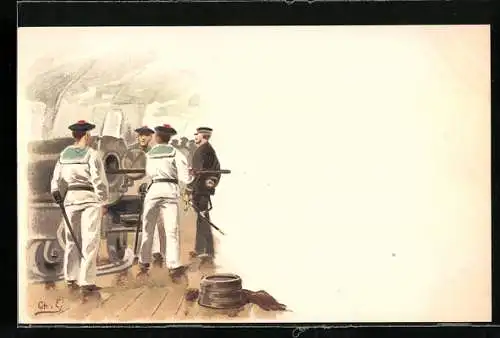 Künstler-AK Französische Matrosen an einem Geschütz