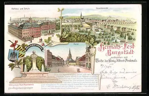 Lithographie Burgstädt i. Sa., Rathaus und Schule, Gesamtansicht, Markt, König Albert Denkmal