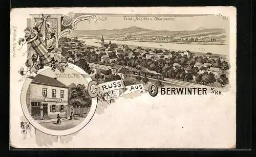 Lithographie Oberwinter a. Rh., Feinbäckerei u. Kaffee v. Anton Etscheid, Totalansicht