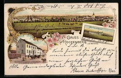 Lithographie Rockenberg a. d. Wetterau, Gasthaus zur Ludwigshalle v. Friedrich Enders, Marienschloss, Ortsansicht