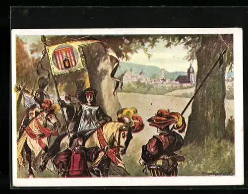 Künstler-AK Münden / Hann., 2. Heimatfest 1909, Ortsansicht mit Soldaten zu Pferd