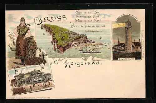 Lithographie Helgoland, Neues Konversationshaus, Fischerin und Leuchtturm