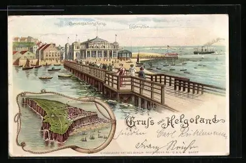 Lithographie Helgoland, Conversationshaus, Steg, Totalansicht aus der Vogelschau