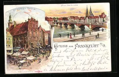 Lithographie Frankfurt a. O., Marktplatz und Rathaus, Neue Oderbrücke