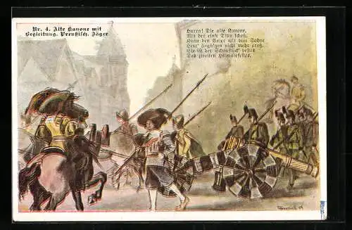 Künstler-AK Münden / Hann., 2. Heimatsfest 1909, Alte Kanone mit Begleitung, Preussische Jäger