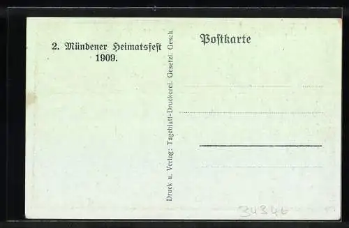 Künstler-AK Münden / Hann., 2. Heimatsfest 1909, Alte Kanone mit Begleitung, Preussische Jäger