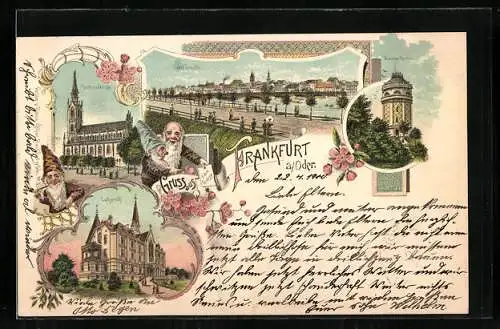 Lithographie Frankfurt, Wasserturm, Lutherstift, Gertraudkirche, Zwerge