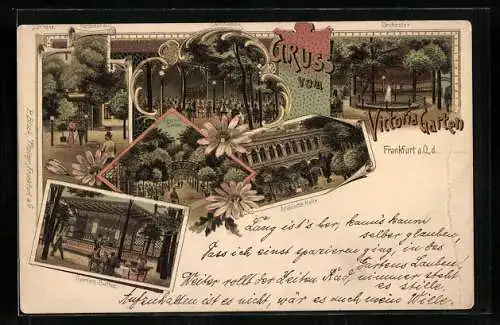 Lithographie Frankfurt a. O., Victoria-Garten, Restaurant, Colonnaden, Garten-Buffet