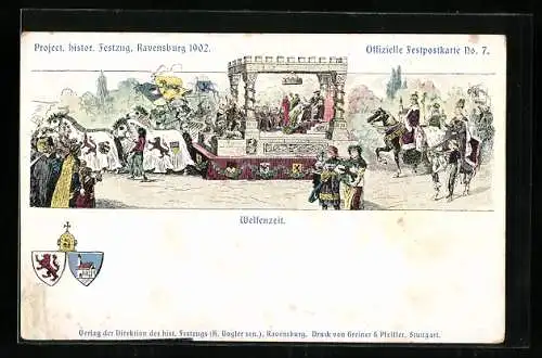 Lithographie Ravensburg, Volksfest, histor. Festzug 1902, Darstellung zur Welfenzeit, Ritter, Wappen