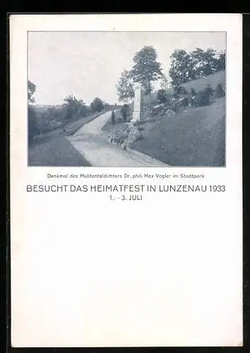 AK Lunzenau, Heimatfest 1933, 1. -3. Juli, Denkmal des Muldentaldichters Dr. phil. Max Vogler im Stadtpark