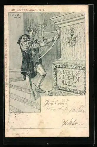 Künstler-AK Augsburg, 7. Schwäbisch-Bayerisches Sängerfest, Säger m. Harfe