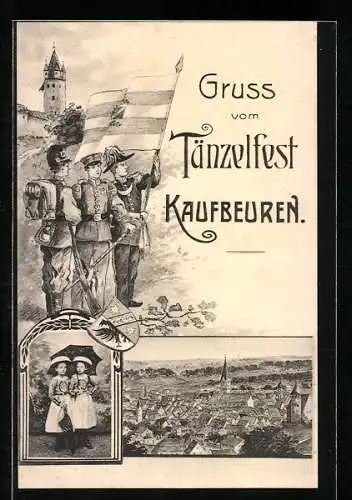 AK Kaufbeuren, Tänzelfest, Soldaten mit Fahne, Kinder, Wappen, Gesamtansicht