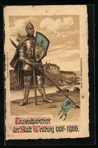 Lithographie Weilburg, Tausendjahrfeier der Stadt 906-1906, Ritter mit Lanze und Schild