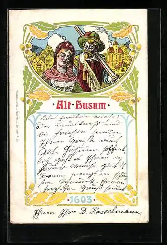 AK Alt-Husum, Mann und Frau in Tracht vor der Altstadt, Eicheln