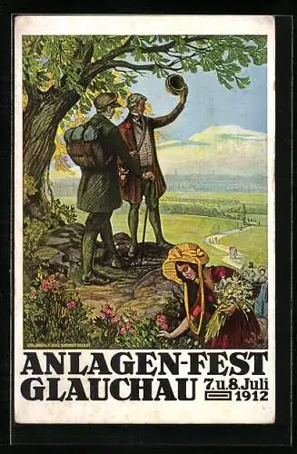 AK Glauchau, Anlagen-Fest 7. und 8. Juli 1912, Wanderer blicken ins Land