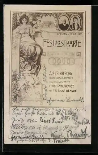 AK Katerbow, Festpostkare zur Vermählung des Postassistenten Karl Brandt und Frl. Emma Wensch 1904