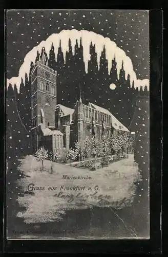 AK Frankfurt a. O., Marienkirche bei Nacht im Winter