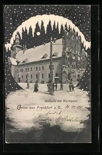 AK Frankfurt a. O., Rathaus mit Marktplatz, Wintermotiv