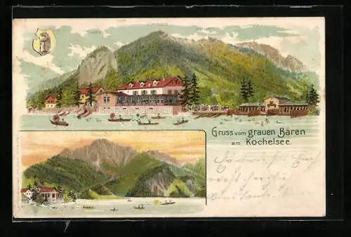 Lithographie Kochel, Gasthaus zum grauen Bären am Kochelsee mit Kienstein, Sonnenspitz und Jocheralm, Ortspartie