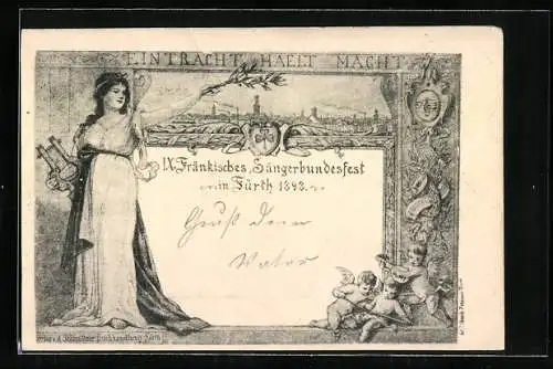 AK Fürth, IX. Fränkisches Sängerbundesfest 1898, Dame mit Lyra, Engel mit Laute