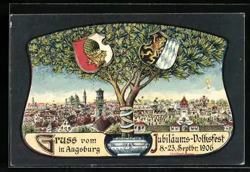 Lithographie Augsburg, Ortsansicht zum Jubiläums-Volksfest 1906, Augsburger und Bayrisches Wappen