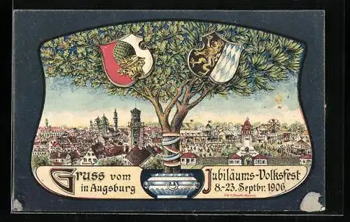 Lithographie Augsburg, Ortsansicht zum Jubiläums-Volksfest 1906, Augsburger und Bayrisches Wappen