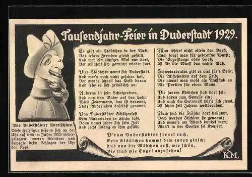 AK Duderstadt, Tausendjahr-Feier 1929, das Duderstädter Unreischken, Gedicht