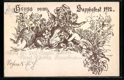 Lithographie Magdeburg, Sapphofest 1912, Zwerge und junge Frau schlafen bei grossem Esel