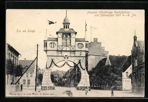 AK Husum / Nordsee, 300 jähriges Stadtjubiläum und Heimatfest 1903, Festtor am Zingel