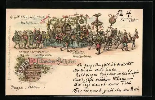 Lithographie Lübeck, Volksfest 1898, Gruppe VI. des Festzuges, Die Bierbrauer