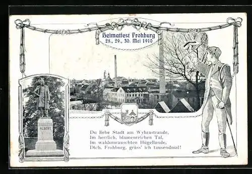 AK Frohburg, Heimatfest 1910, Albert-Denkmal, junger Mann hebt grüssend den Hut