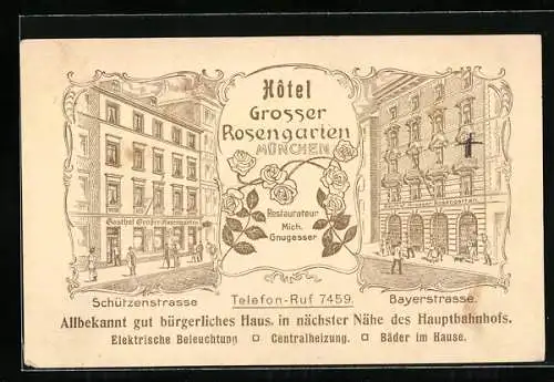 Lithographie München, Hotel Grosser Rosengarten, Schützenstrasse und Bayerstrasse