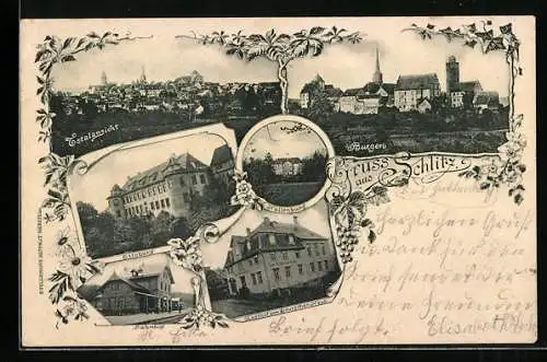 AK Schlitz / Hessen, Hotel zum Deutschen Haus, Bahnhof, Burgen, Totalansicht