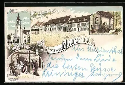 Lithographie Marienthal, Hotel zum Engel, Kirche, Mönch beim Lesen an der Kapelle