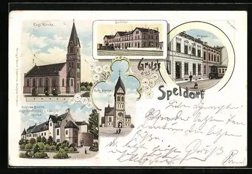 Lithographie Speldorf / Duisburg, Bahnhof, Kath. Kirche, Schloss Broich, Evgl. Kirche