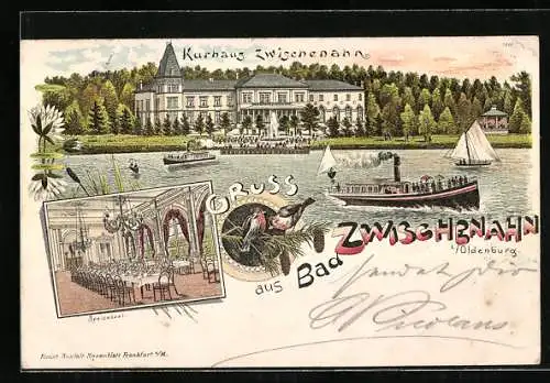 Lithographie Bad Zwischenahn i. Oldenburg, Dampfer vor Kurhaus Zwischenahn, Speisesaal