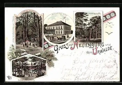 Lithographie Neuenburg / Varel, Möhmkings Hotel, Möhmkings Waldschänke, Grossh. Jagdhütte, Schloss Neuenburg