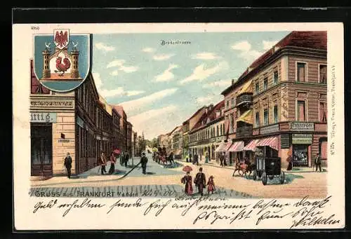 Lithographie Frankfurt a. d. Oder, Breitestrasse mit Fahrrad-Handlung, Stadtwappen