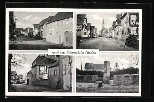 AK Münzesheim /Baden, Strassenpartie mit Blick zur Kirche, Denkmal