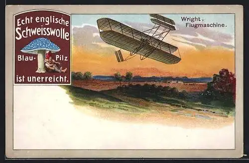 Künstler-AK Reklame für Schweiswolle, Flugmaschine der Gebrüder Wright