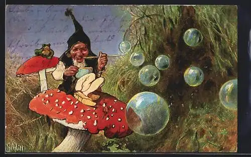 Künstler-AK sign. Schlitt: Zwerg sitzt auf einem Fliegenpilz und macht Seifenblasen