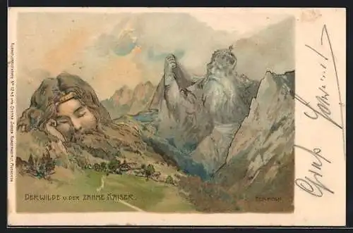 Künstler-Lithographie Edward Theodore Compton: der Wilde Kaiser u. der Zahme Kaiser, Berg mit Gesicht / Berggesichter
