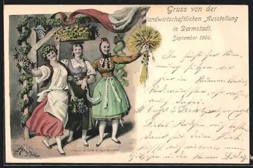 Künstler-AK Darmstadt, Landwirtschaftliche Ausstellung 1900, Frauen in Tracht