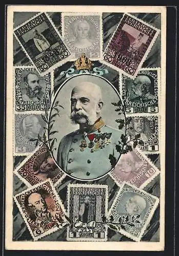 AK Kaiser Franz Josef I. von Österreich umgeben von Briefmarken der kaiserlichen Könige
