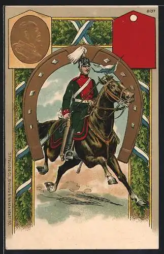 Präge-AK Soldat in Uniform eines bayrischen Kavallerie Regiments zu Pferd