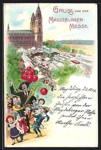 Lithographie Magdeburg, Volksfest auf der Magdeburger Messe, Mann mit Spielzeug für die Kinder