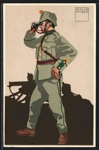 Künstler-AK sign. Emil Huber: schweizer Infanterie-Mitrailleur-Korporal in Uniform mit Fernglas, MG-Trupp