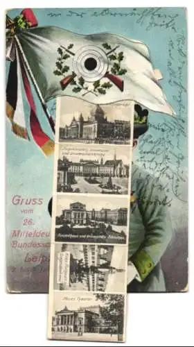 Leporello-AK Leipzig, 26. Mitteldeutsches Bundesschiessen 1911, Jäger mit Fahne, Reichsgericht, Neues Theater